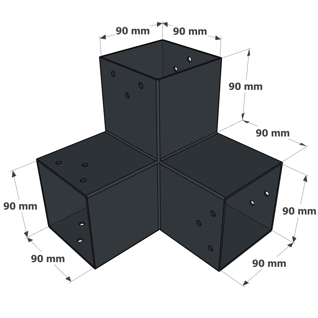 Mesures du connecteur SUNDIY Anthracite RAL 7016 - 90mm à 3 directions - Forme L