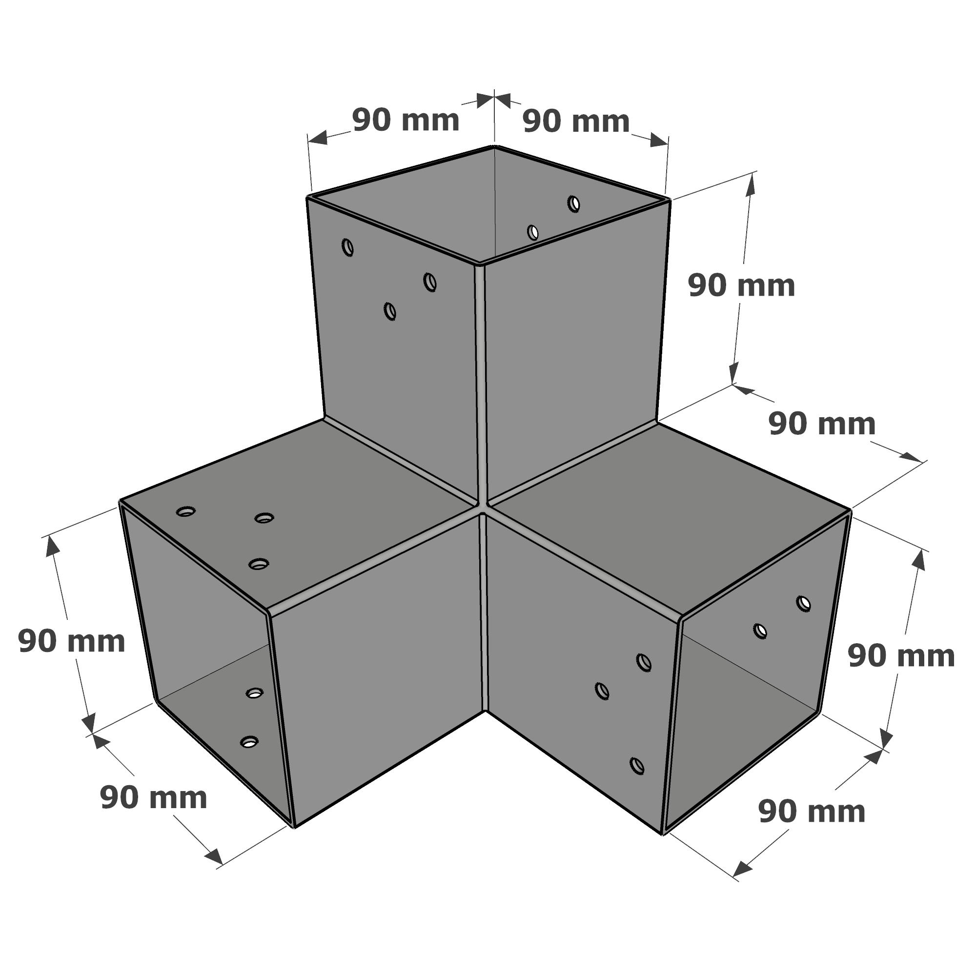 Mesures du connecteur SUNDIY Gris aluminium RAL 9006 - 90mm à 3 directions - Forme L