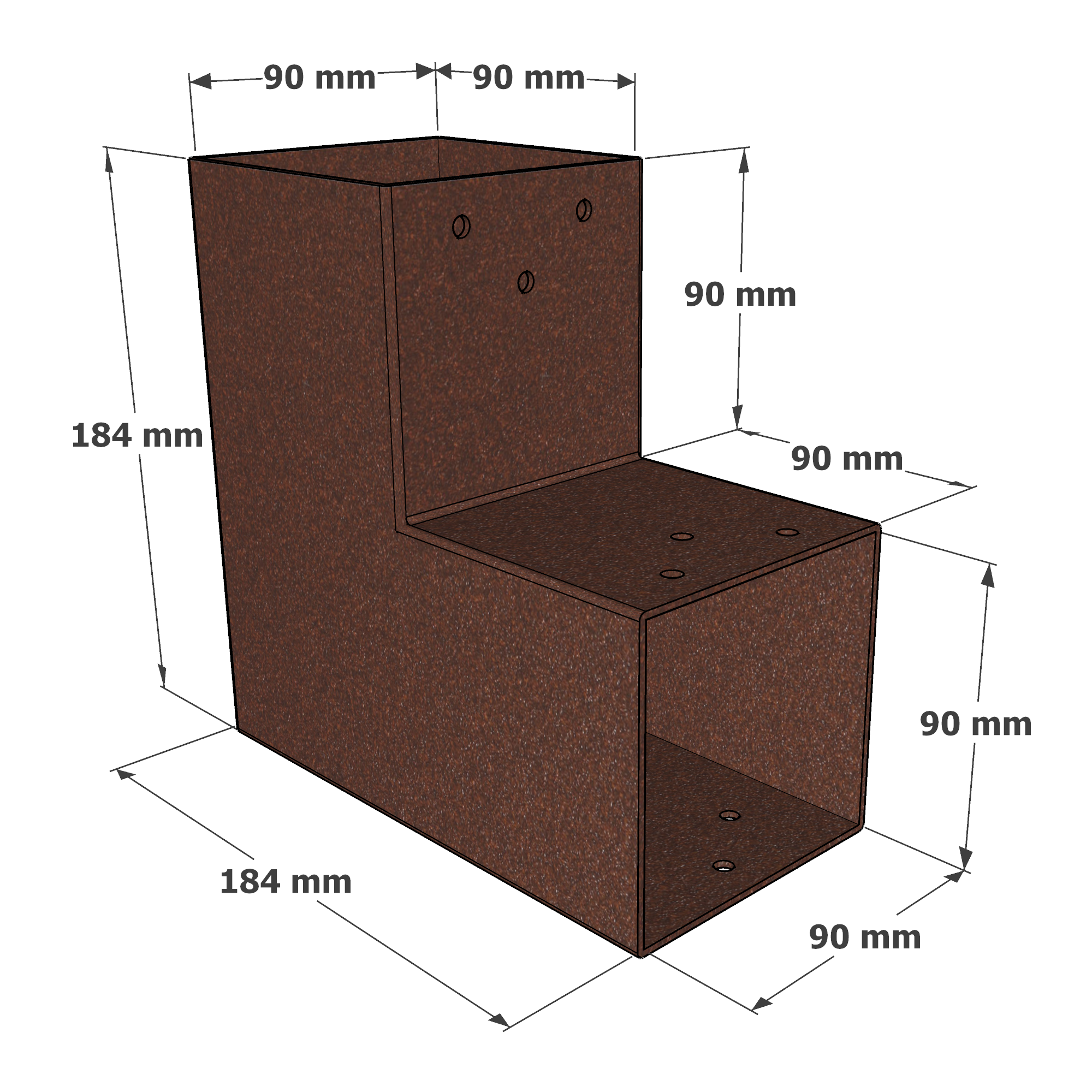 Dimensions du connecteur SUNDIY oxyde de mars RAL8011 - 90 mm, forme en L à 2 directions