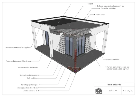 Vue éclatée des variantes avec une toiture béton